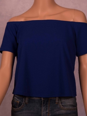 Blue Off Shoulder Crop Top in Tops