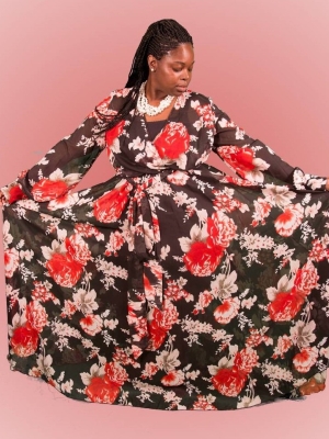 Red/Black LS Chiffon Maxi Dress*Plus in Dresses