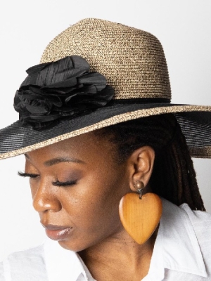Black and camel wide brim hat w/ bow in Hats